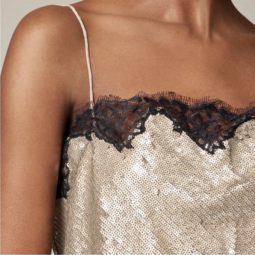 J. Crew Champagne Sequin Camisole with Black Lace Trim - Picture 2 of 12